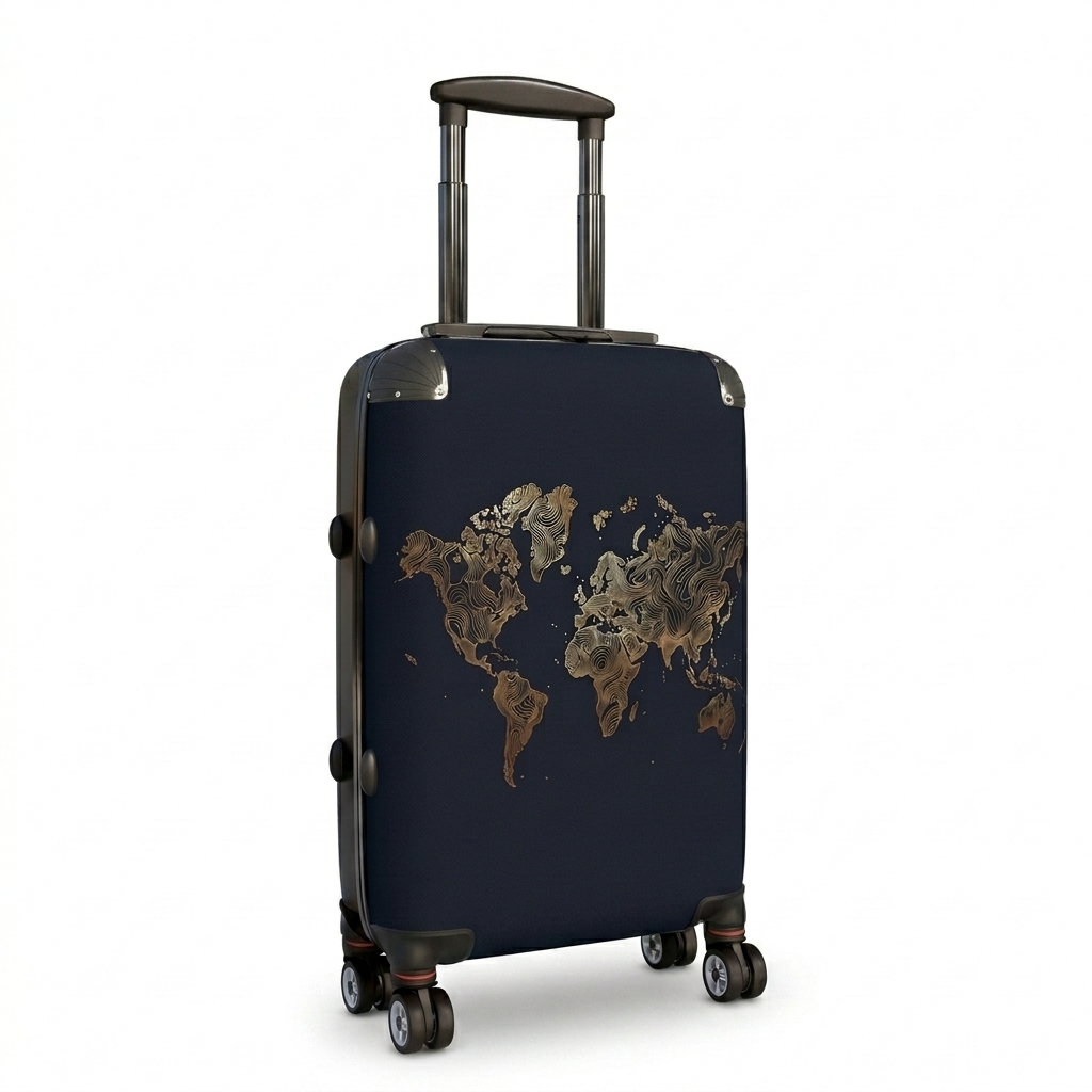 Navy Blue Luggage Suitcase with Golden World Map Design