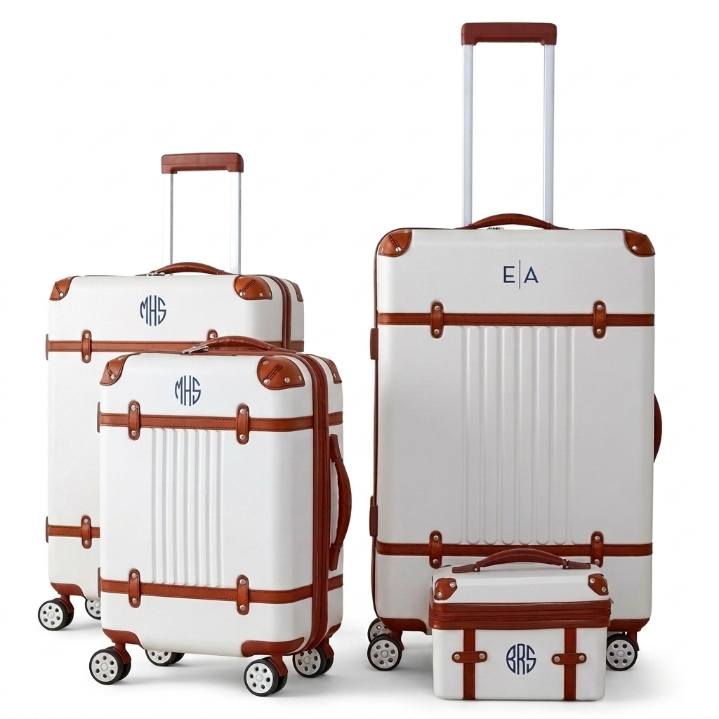 4-Piece White Hardshell Luggage Set with Brown Leatherette Trim