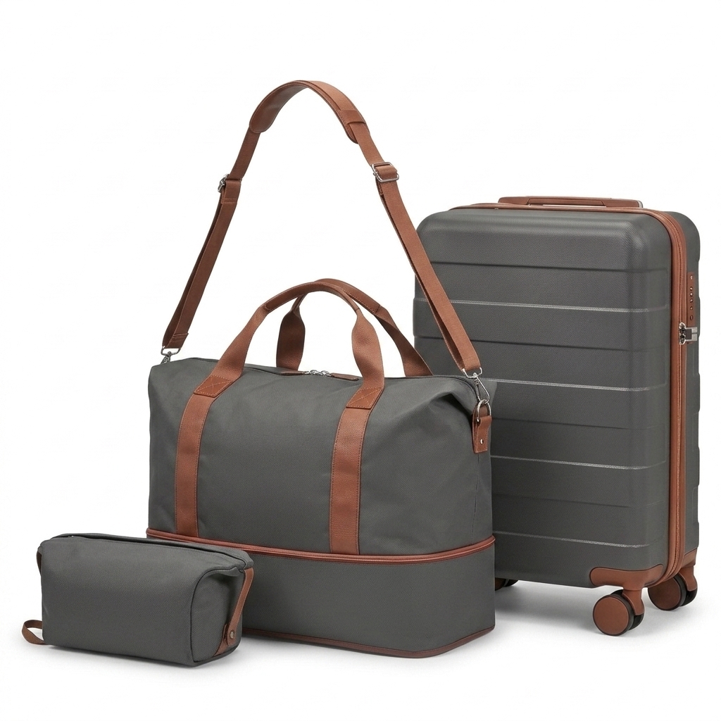 3-Piece Hard-Shell Trolley & Duffel Luggage Set, Grey with Brown Accents