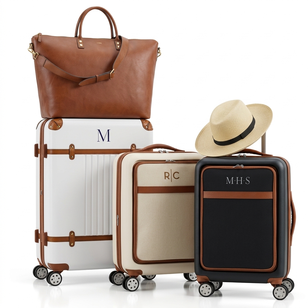 Monogrammed Vintage Style Hard-Side Luggage Set with Leather Trim