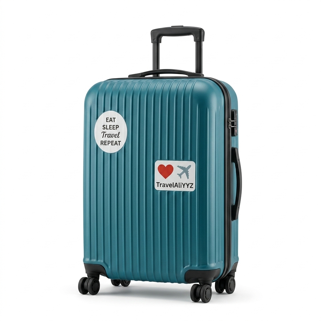 Teal Hard-shell Spinner Suitcase with Travel Stickers