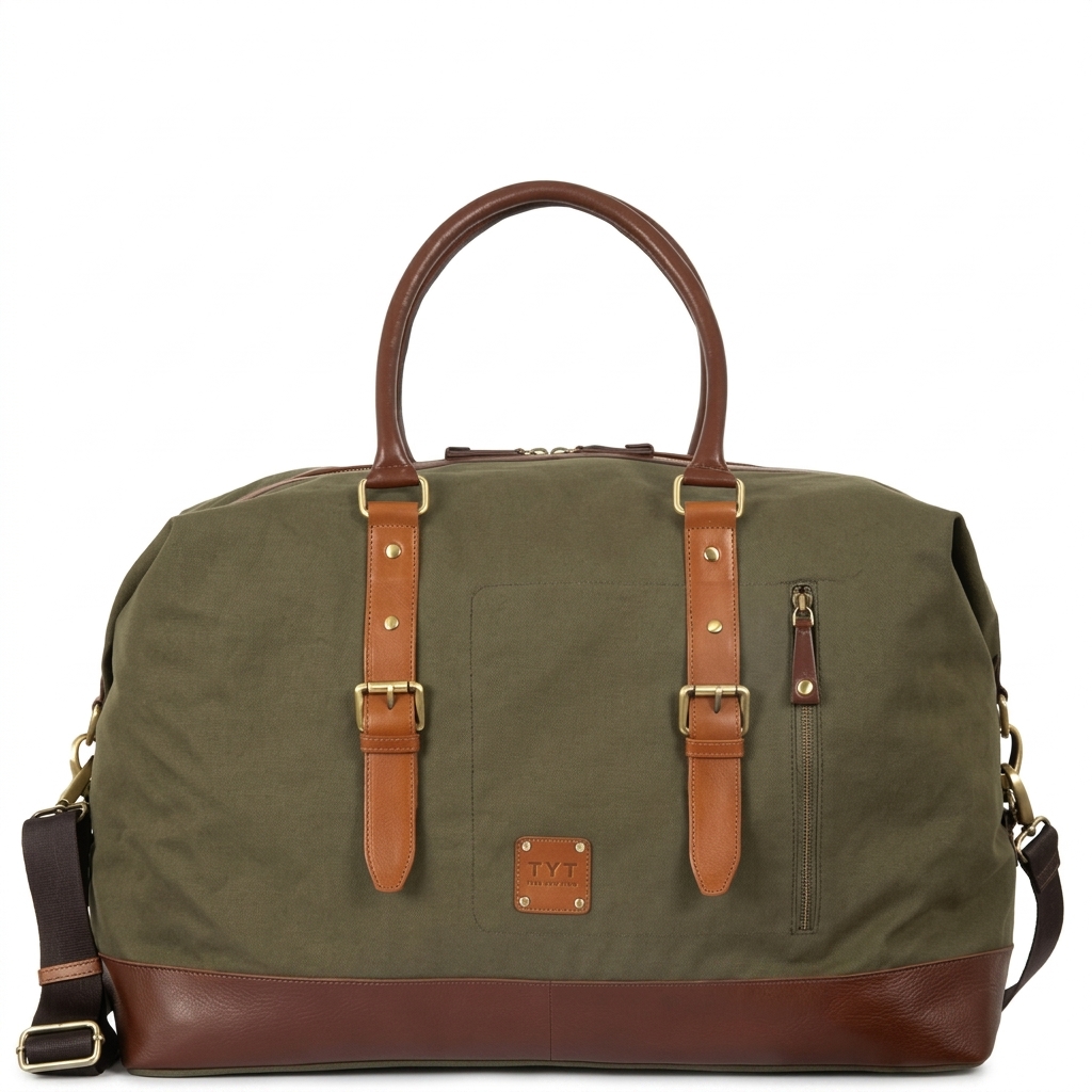 TYT NEW YORK Canvas & Leather Duffel Bag Olive Green