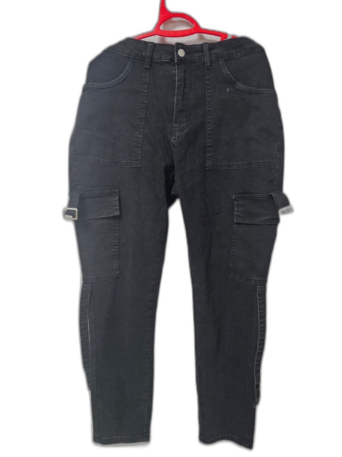 Women's Black Cargo Jeans with Pockets & Buckle