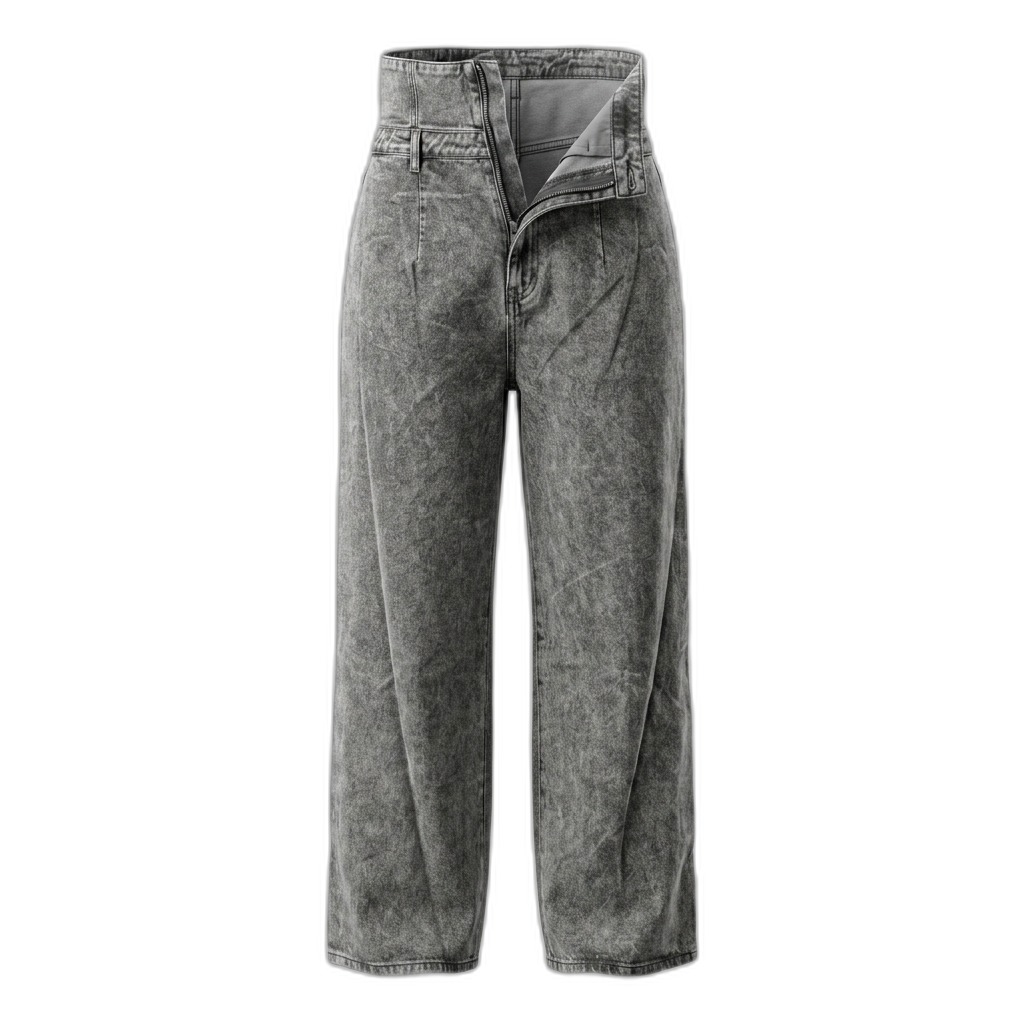 Grey Acid Wash High-Waisted Wide-Leg Jeans