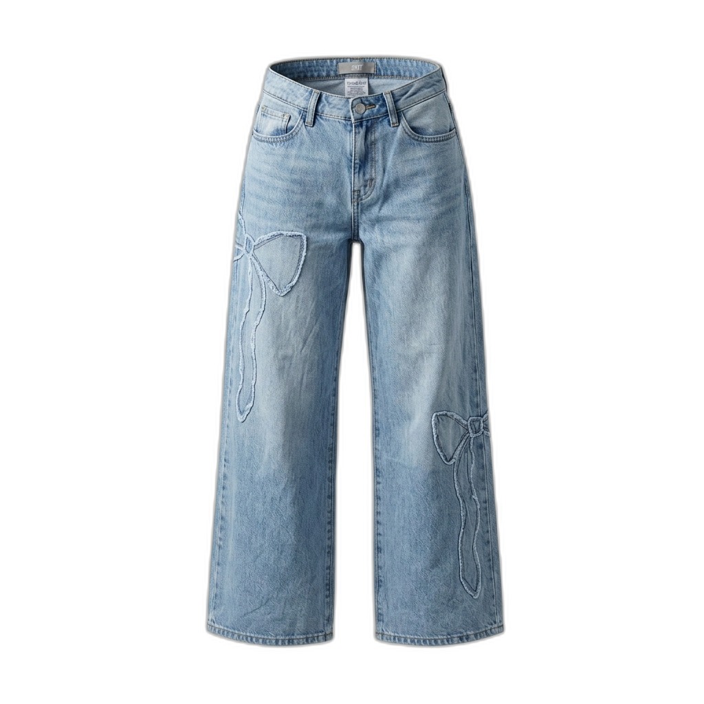 Women's Light Blue Wide Leg Bow Jeans