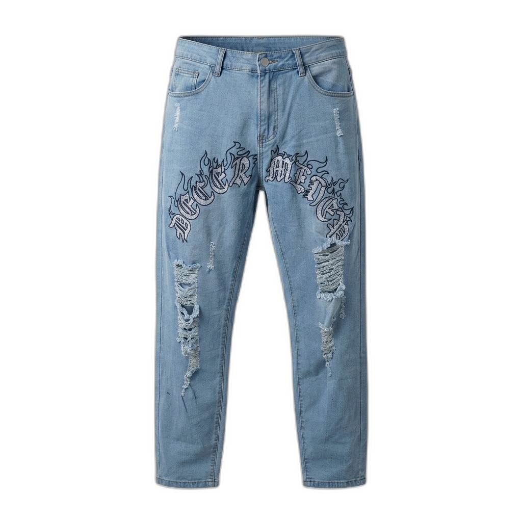 Men's Ripped Light Blue Denim Jeans with Flame Embroidery