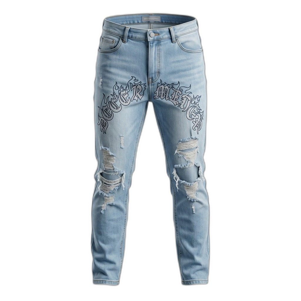 Men's Light Blue Distressed Flame Graphic Jeans