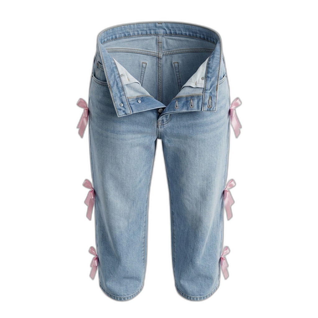Light Blue Denim Jeans with Pink Bows for Women