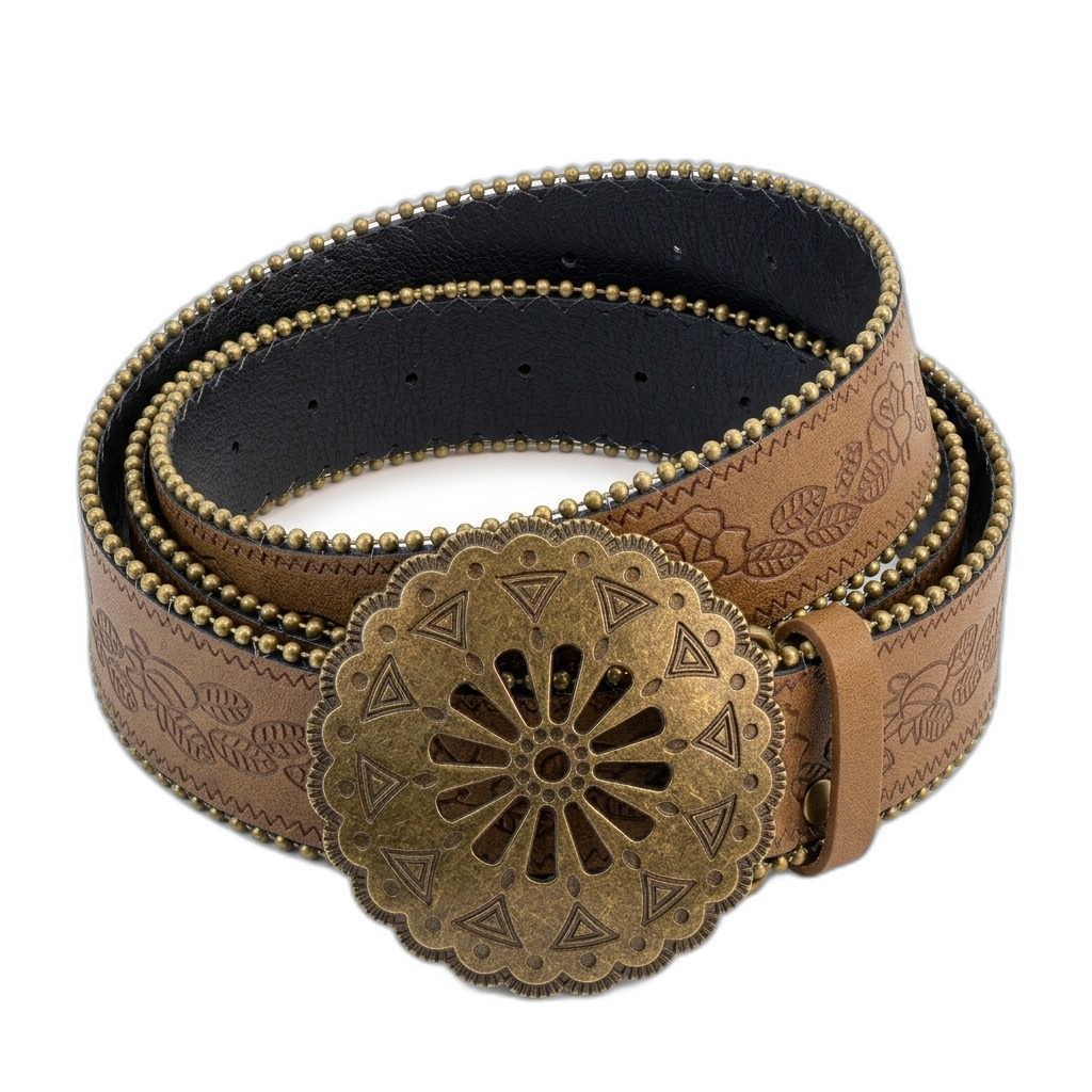 Vintage Boho Floral Embossed Studded Leather Belt