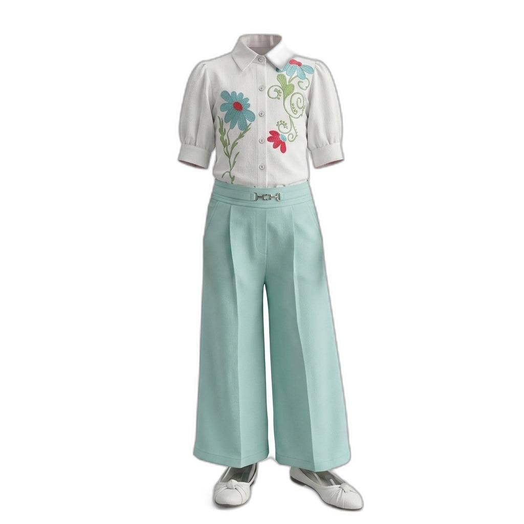 Floral Embroidered Shirt & Mint Green Culottes Set