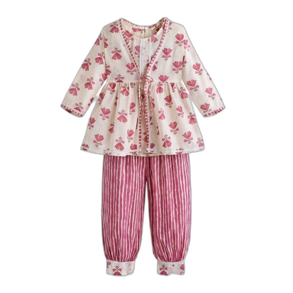 Kids' Floral Print Kurta & Striped Dhoti Set