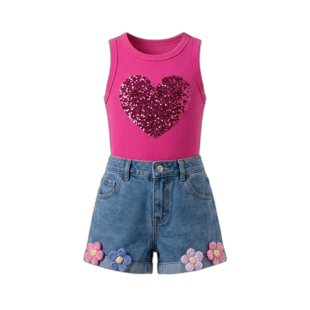 Kids' Sequin Heart Tank Top & Denim Shorts Set