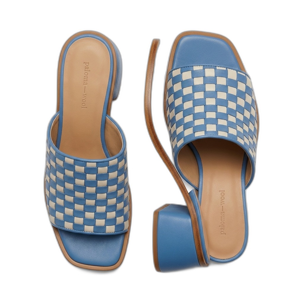 Paloma Wool Blue & Cream Checkered Block Heel Sandals