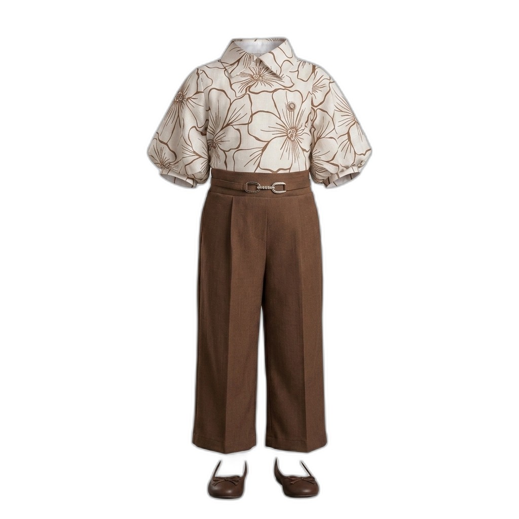 Floral Blouse & Brown Wide-Leg Pants Set