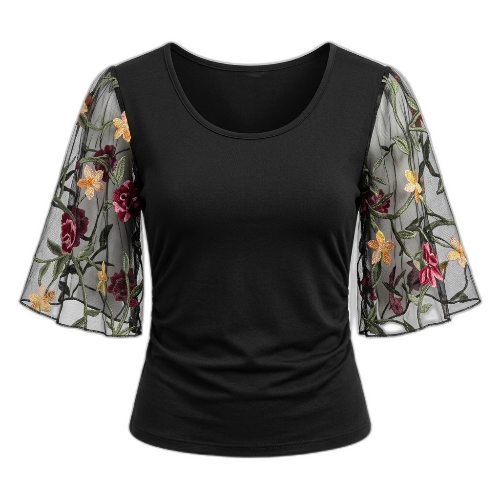 Women's Black Floral Embroidered Mesh Sleeve Top