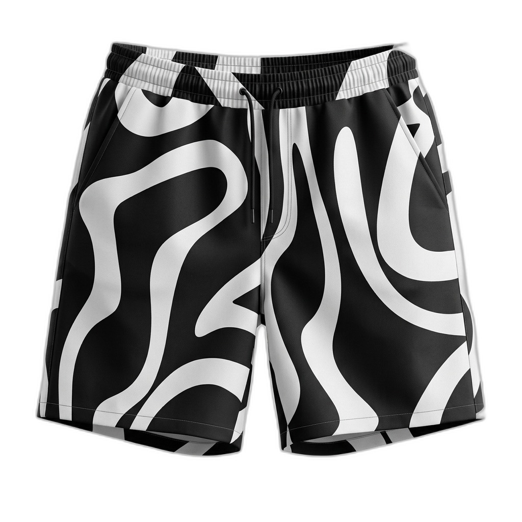 Men's Abstract Black & White Pattern Drawstring Shorts