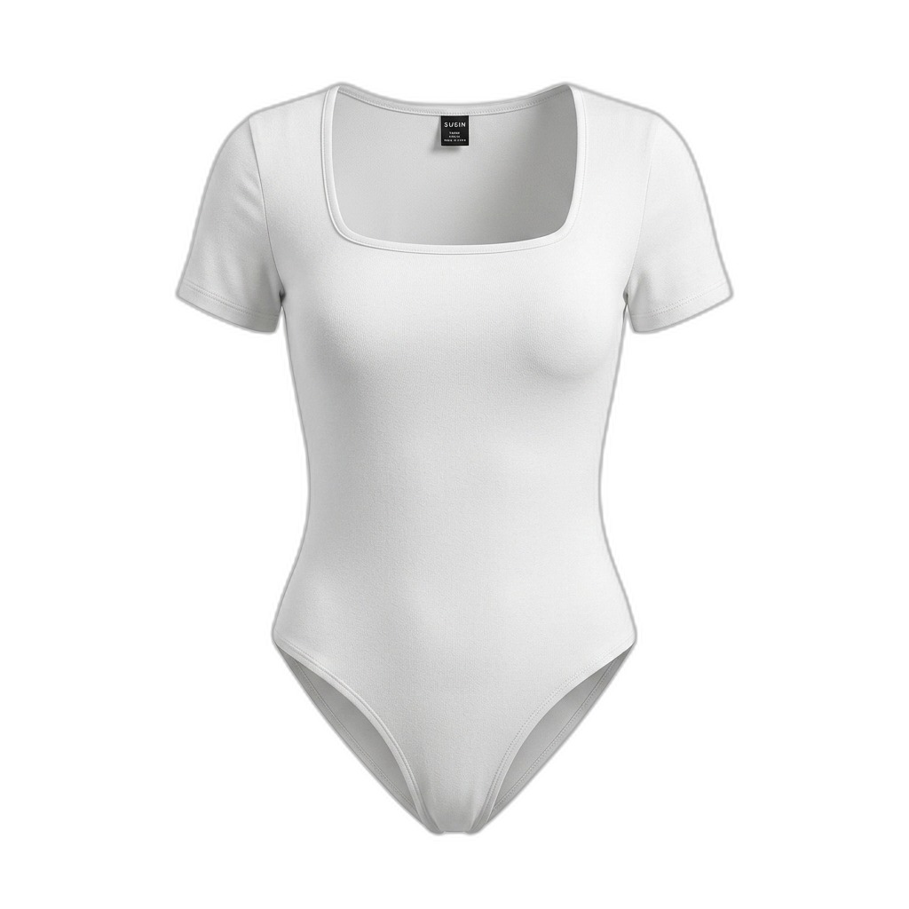 Women's White Square Neck Short Sleeve Bodysuit
