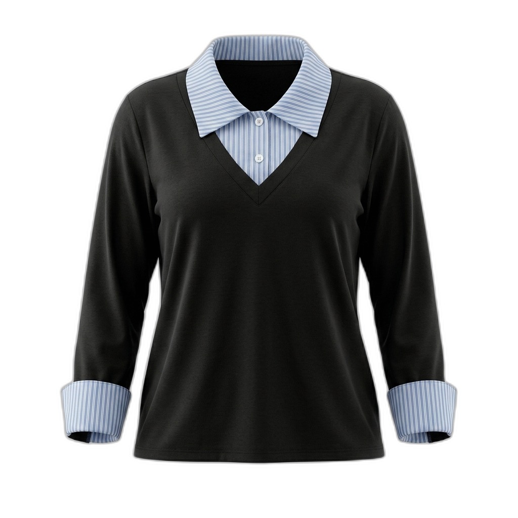 Women's Faux Layered V-Neck Top | Striped Collar
