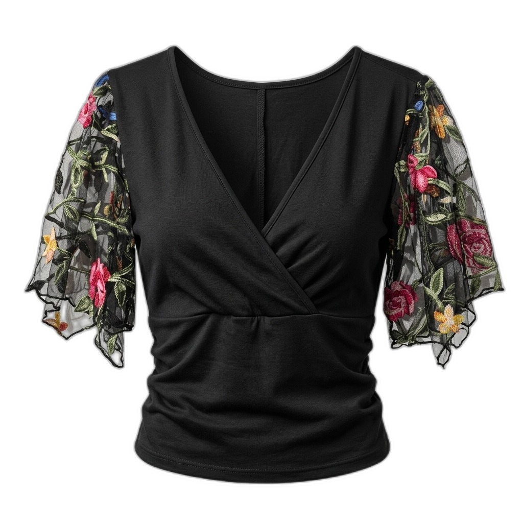 Black Wrap Top with Embroidered Mesh Sleeves