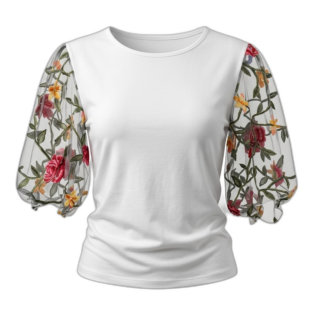 White Floral Embroidered Sheer Sleeve Top