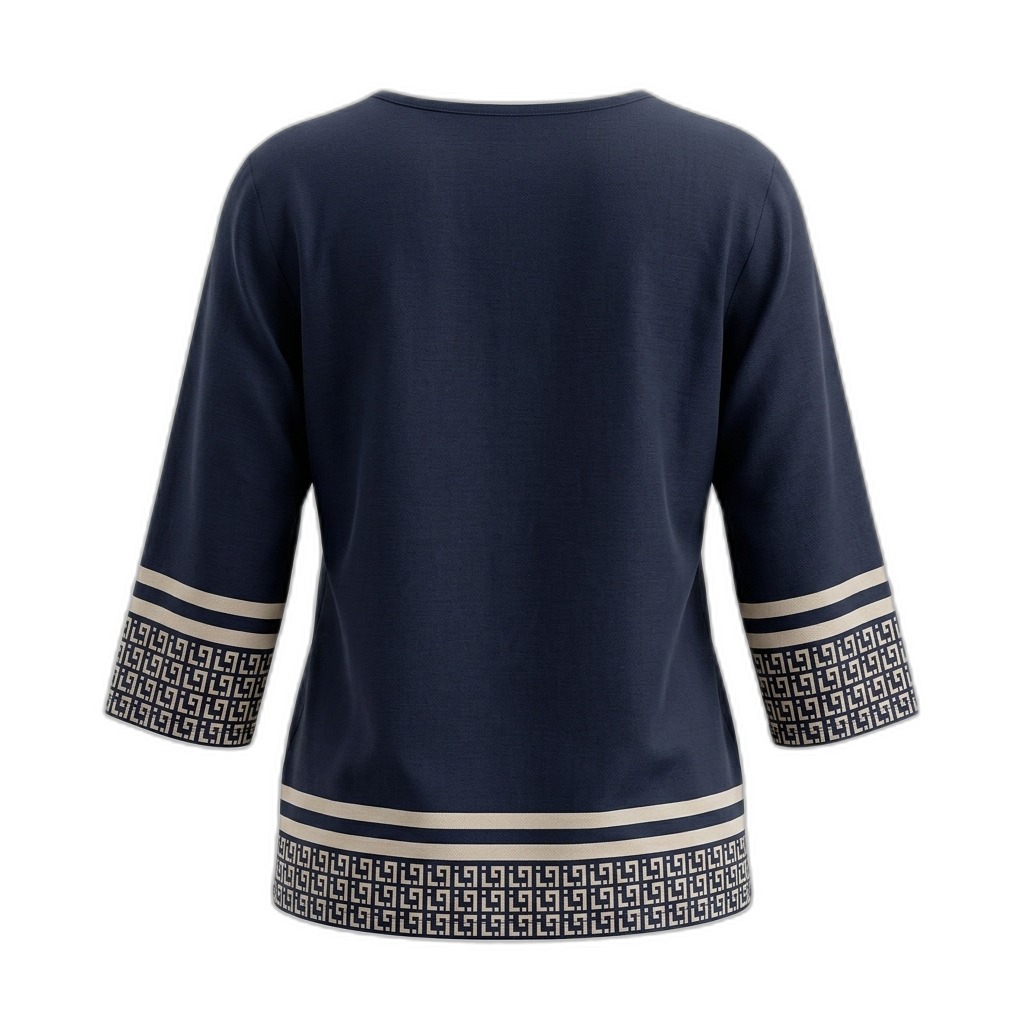 Navy Blue 3/4 Sleeve Tunic Top with Geometric Pattern