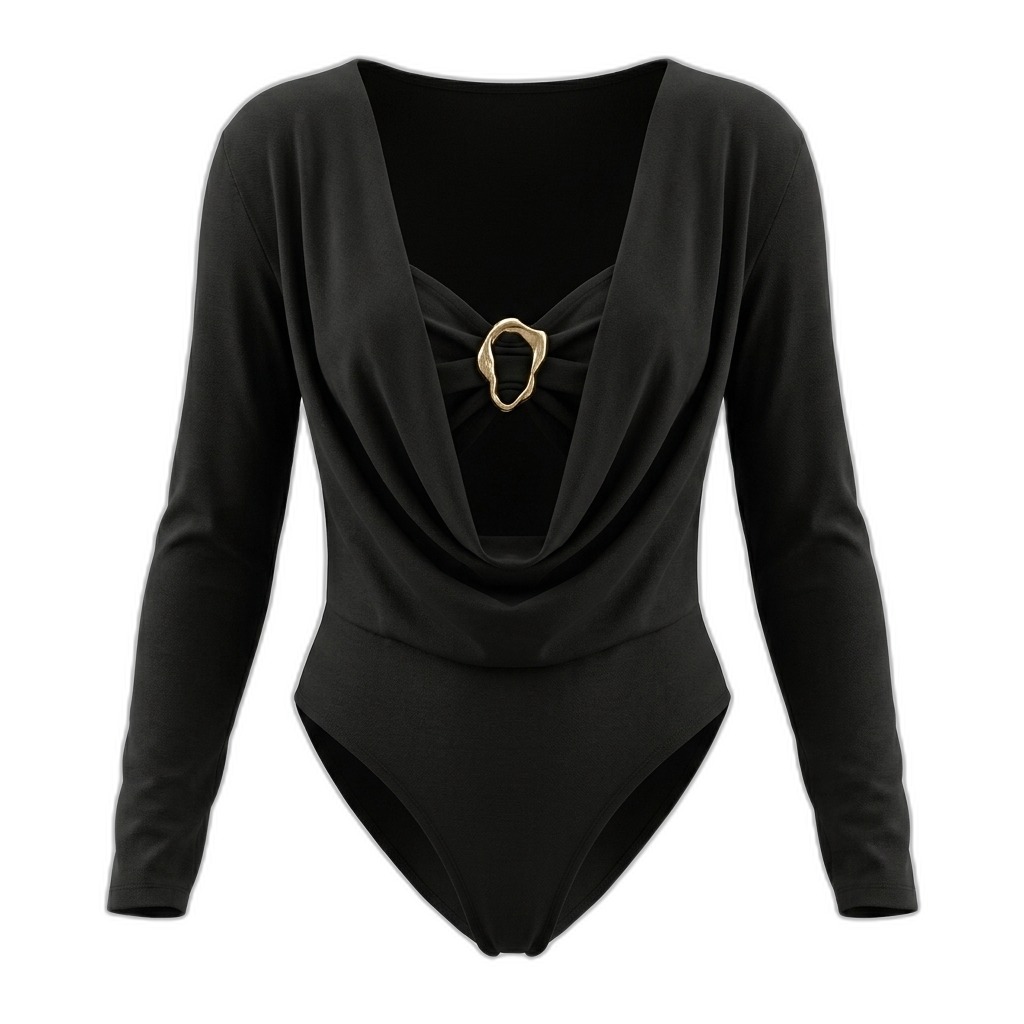 Black Long Sleeve Bodysuit with Gold Buckle