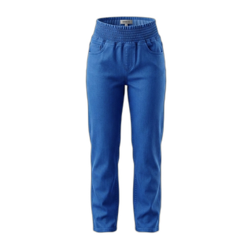 Blue Shirred Waist Denim Pants for Women