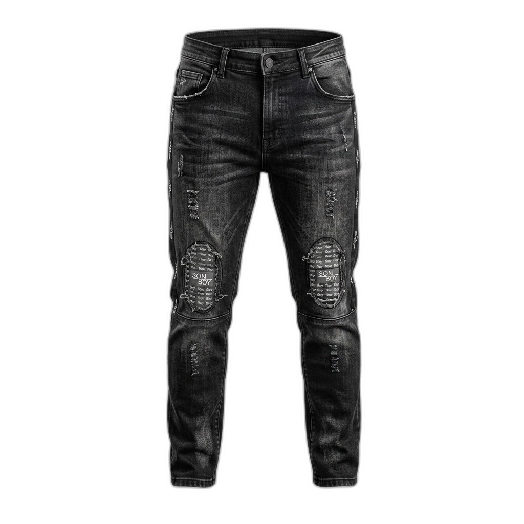 Men's Distressed Washed Black Denim Jeans