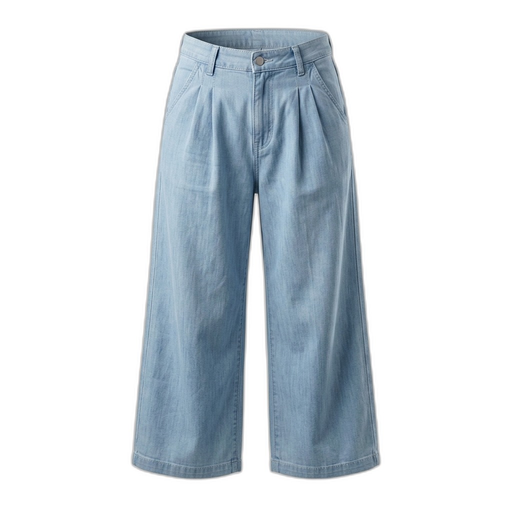 Women's Light Blue Pleated Denim Culottes