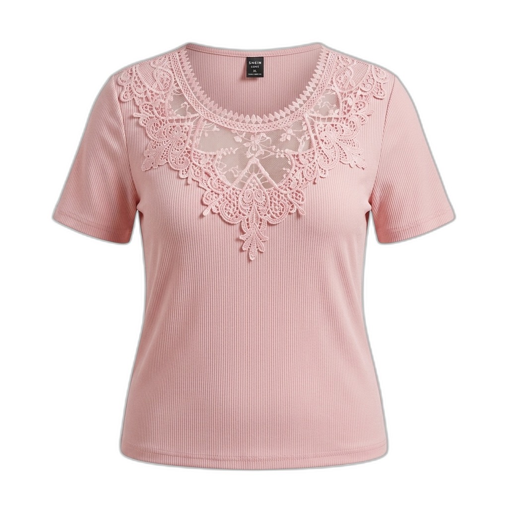 Pink Ribbed Knit Short Sleeve Top with Lace
