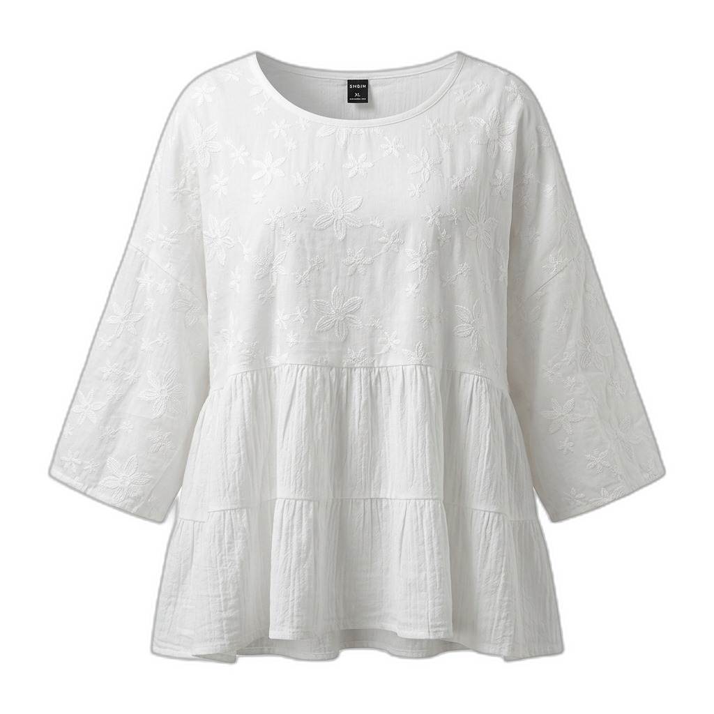 White Embroidered Floral Babydoll Top for Women