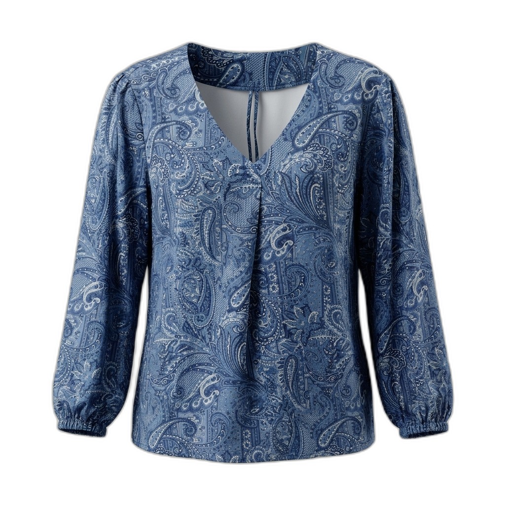 Blue Paisley V-Neck Blouse for Women