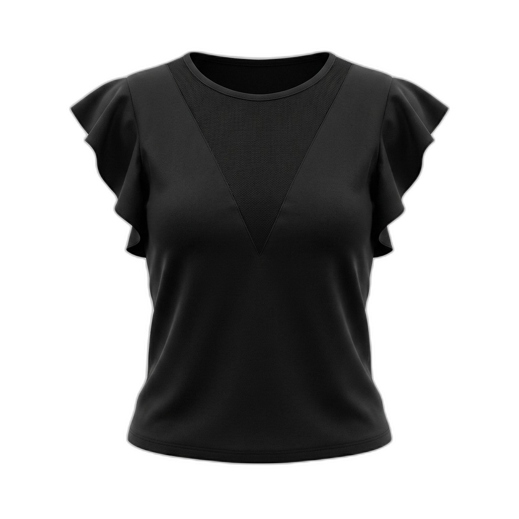 Black Ruffle Sleeve Round Neck Top for Women
