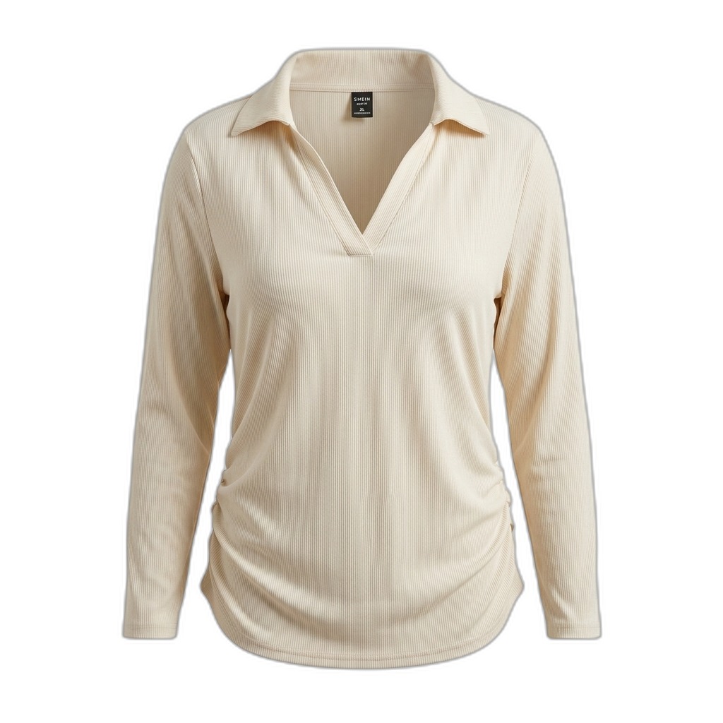 Women's Ribbed Long Sleeve V-Neck Collared Top