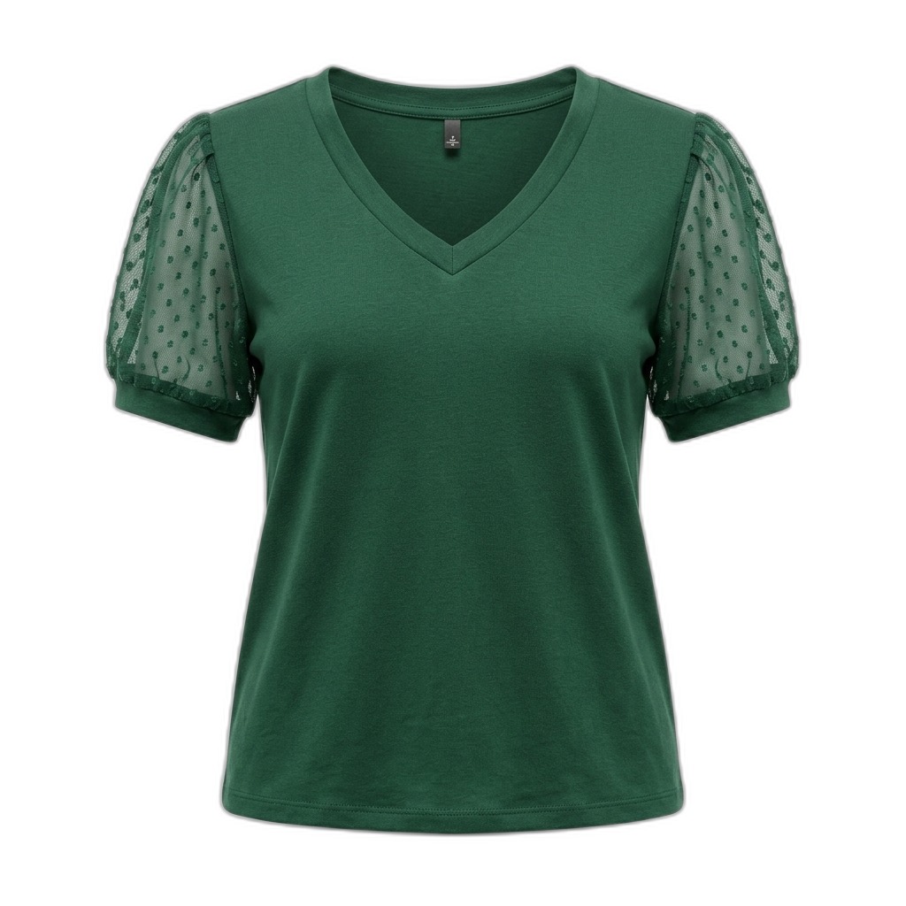 Women's Green V-Neck Top | Sheer Dotted Sleeves