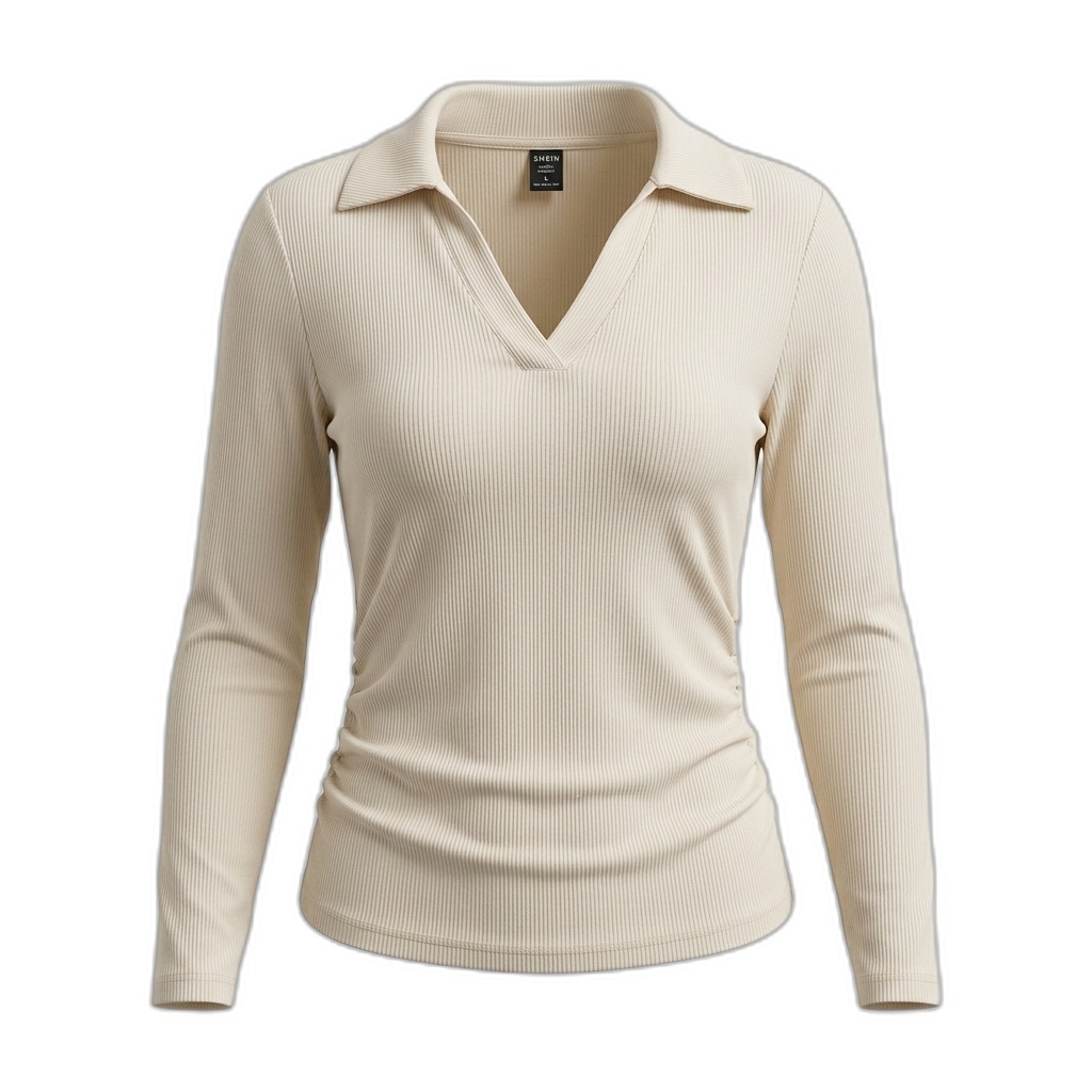 Ribbed Collared Long Sleeve Top for Women