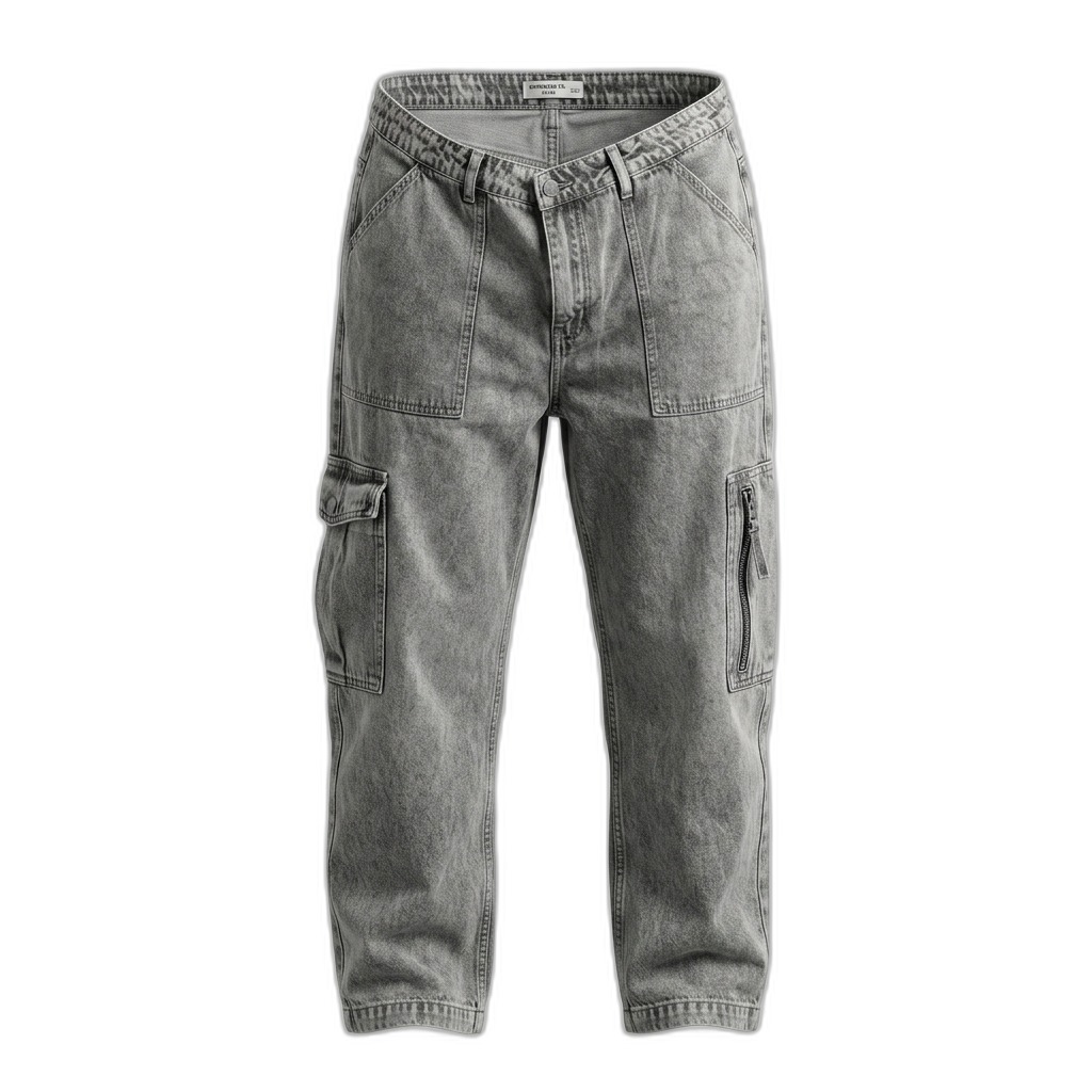 Men's Washed Grey Denim Cargo Pants