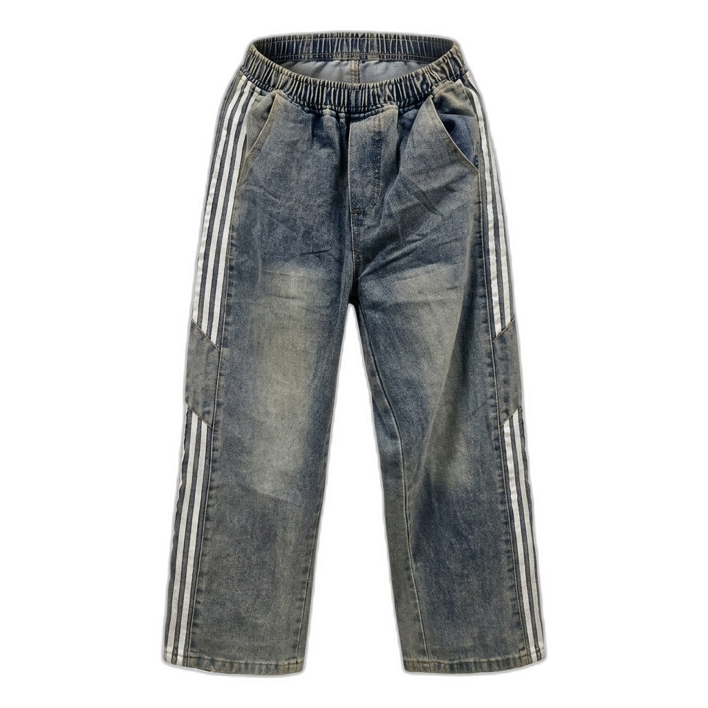 Distressed Denim Jeans with Side Stripes