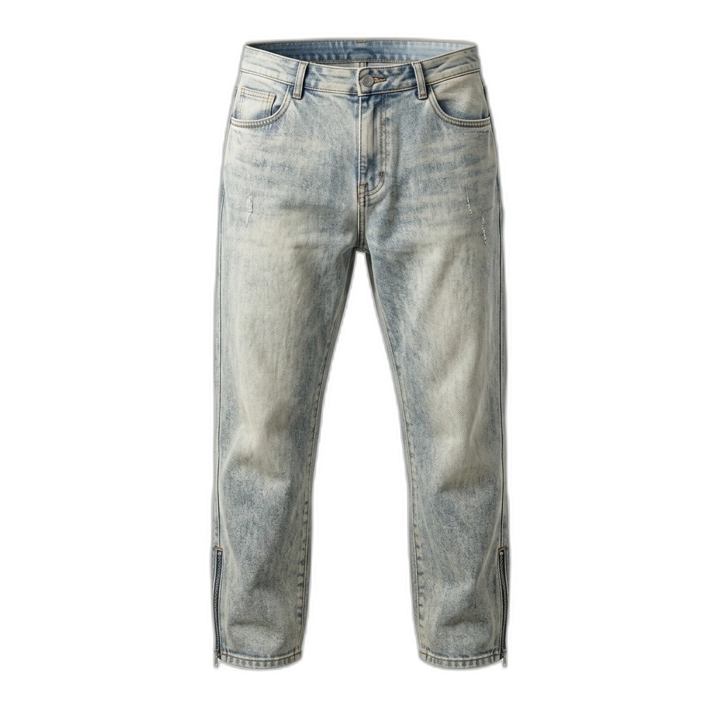 Acid Wash Distressed Denim Jeans with Zipper Cuffs