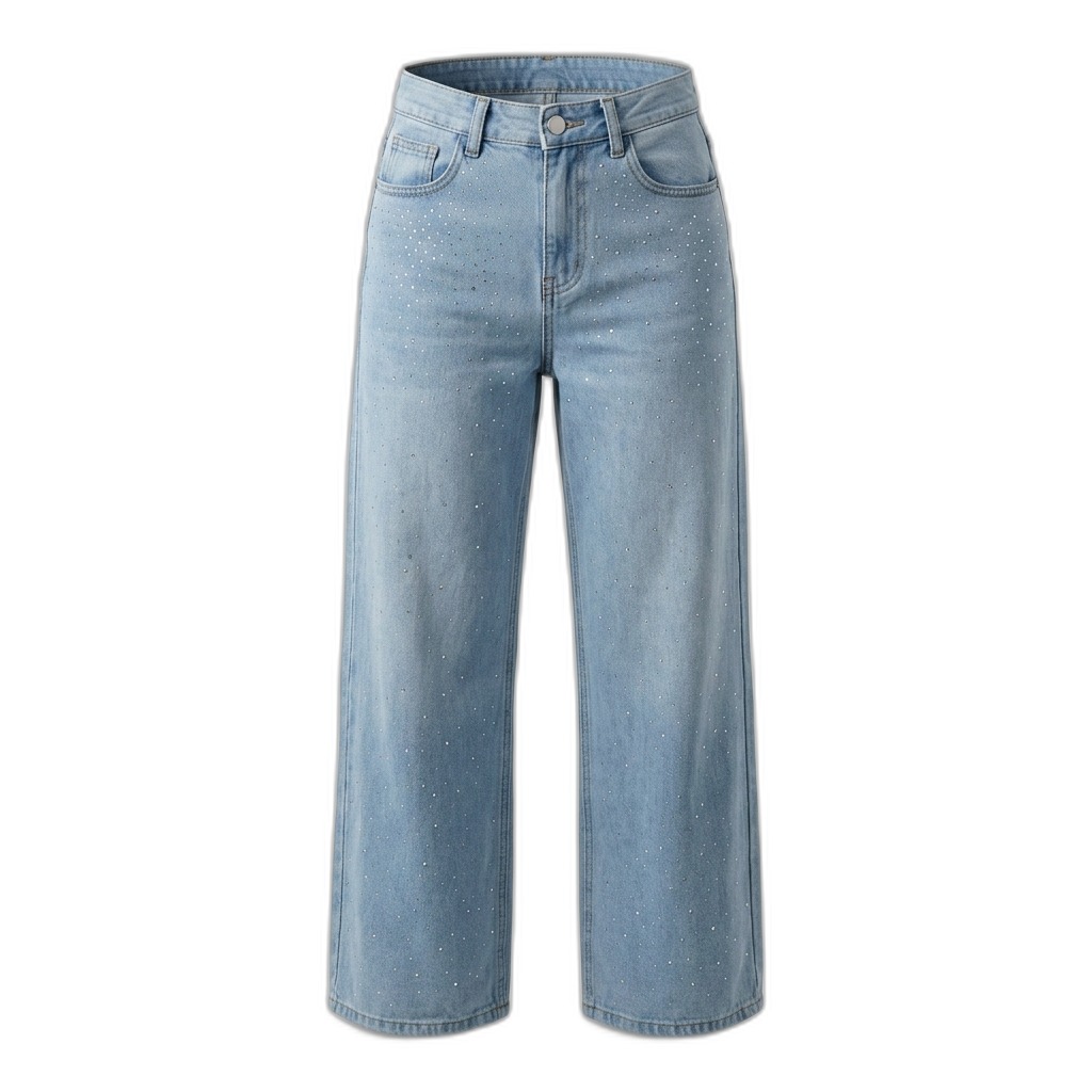 Women's Light Blue Rhinestone Wide Leg Jeans