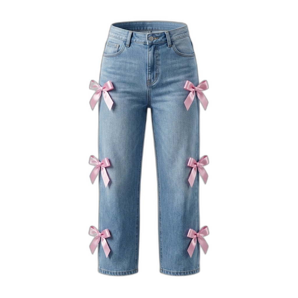 Pink Bow Embellished Light Wash Denim Jeans