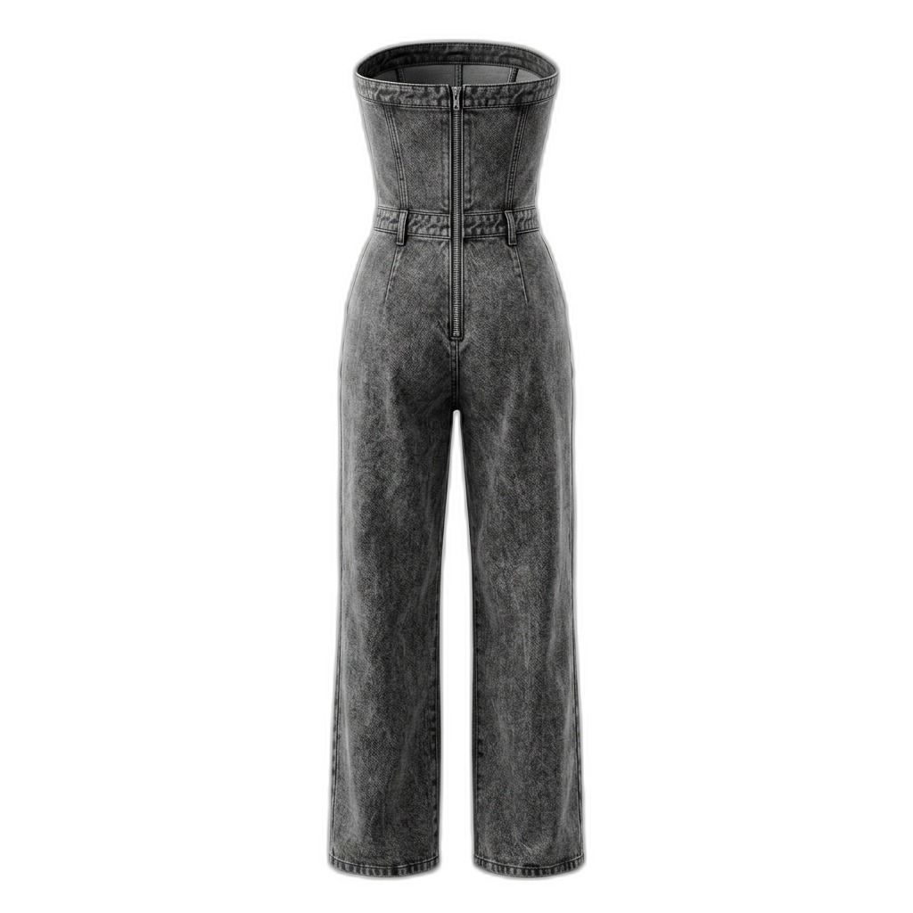 Strapless Wide-Leg Acid Wash Denim Jumpsuit