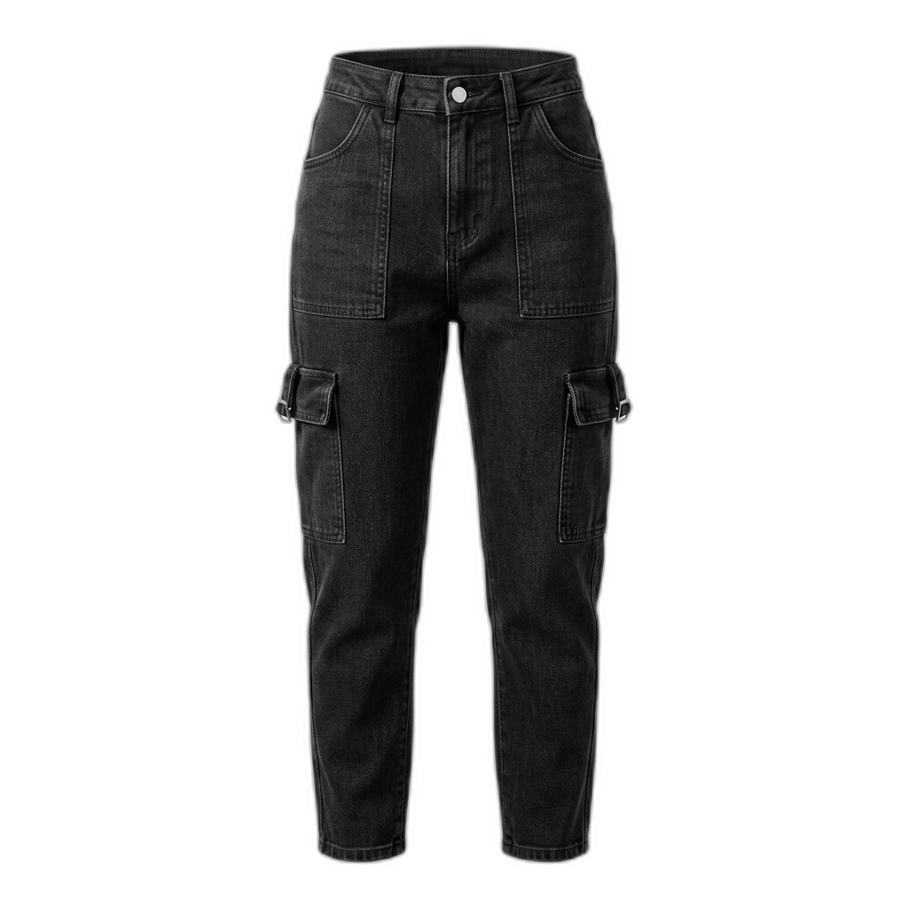 Women's Black High-Waist Cargo Jeans