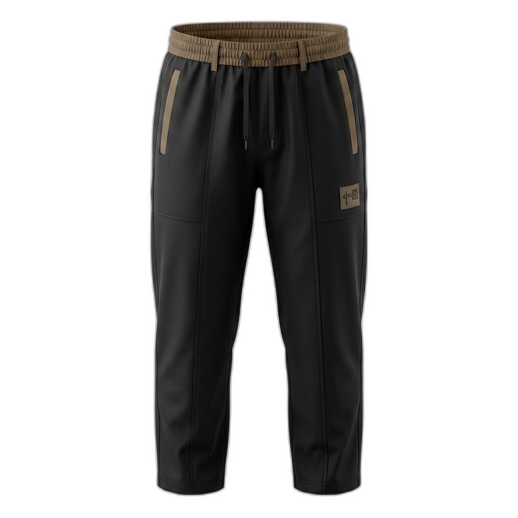 Men's Black Cargo Track Pants with Brown Waistband