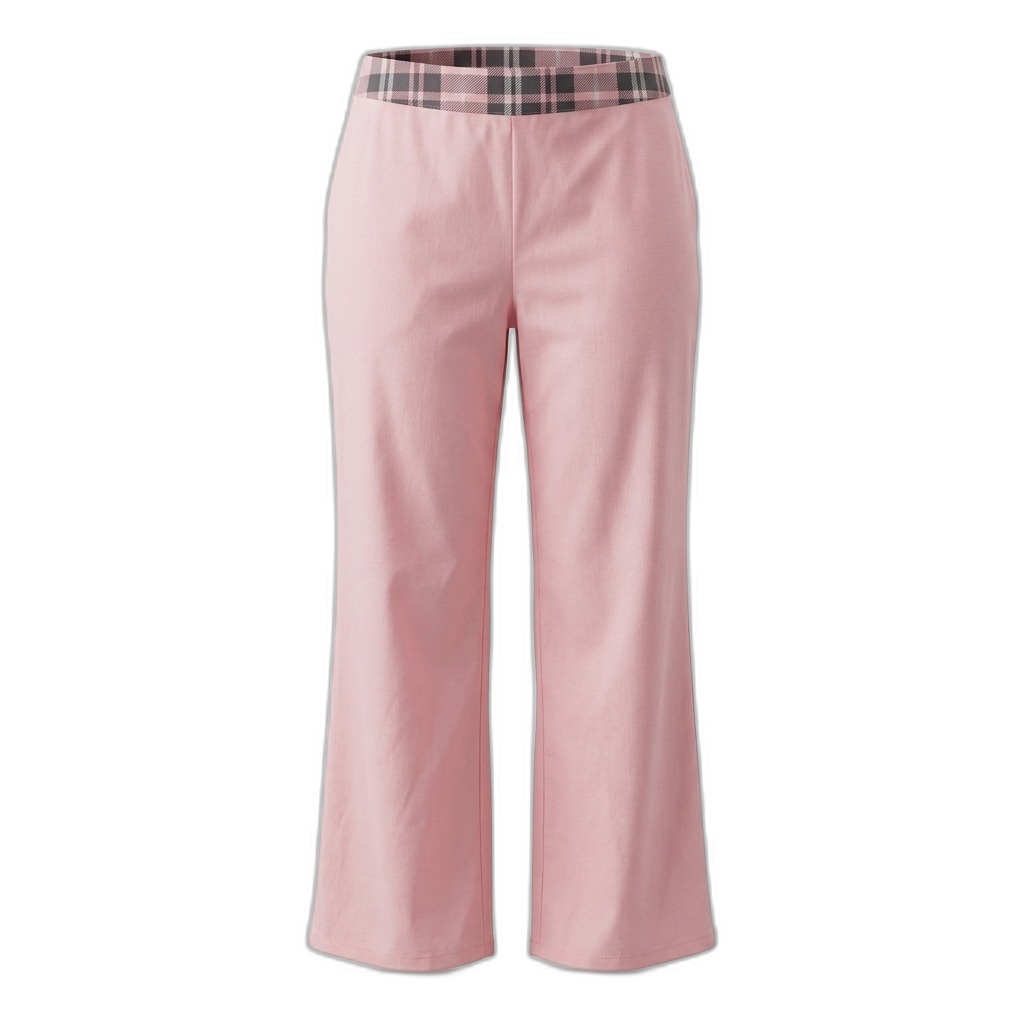 Pink Wide-Leg Pants with Plaid Waistband