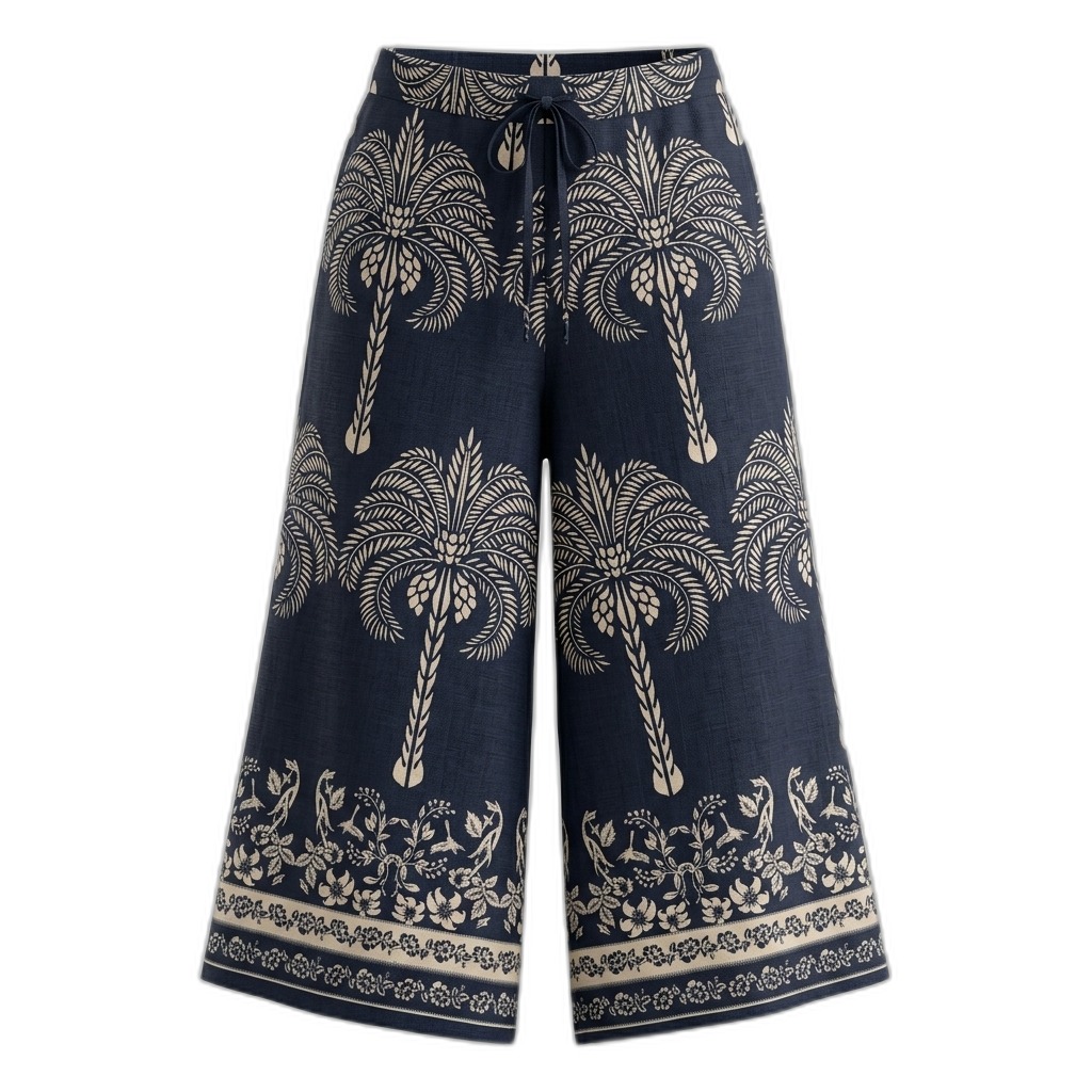 Navy Palm Print Wide-Leg Palazzo Pants