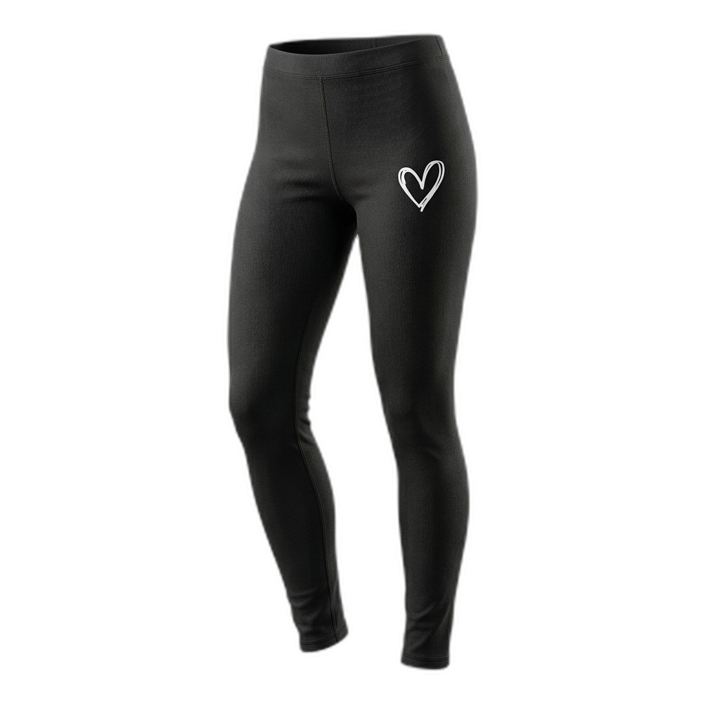 Black Ribbed Leggings with Heart Print for Women