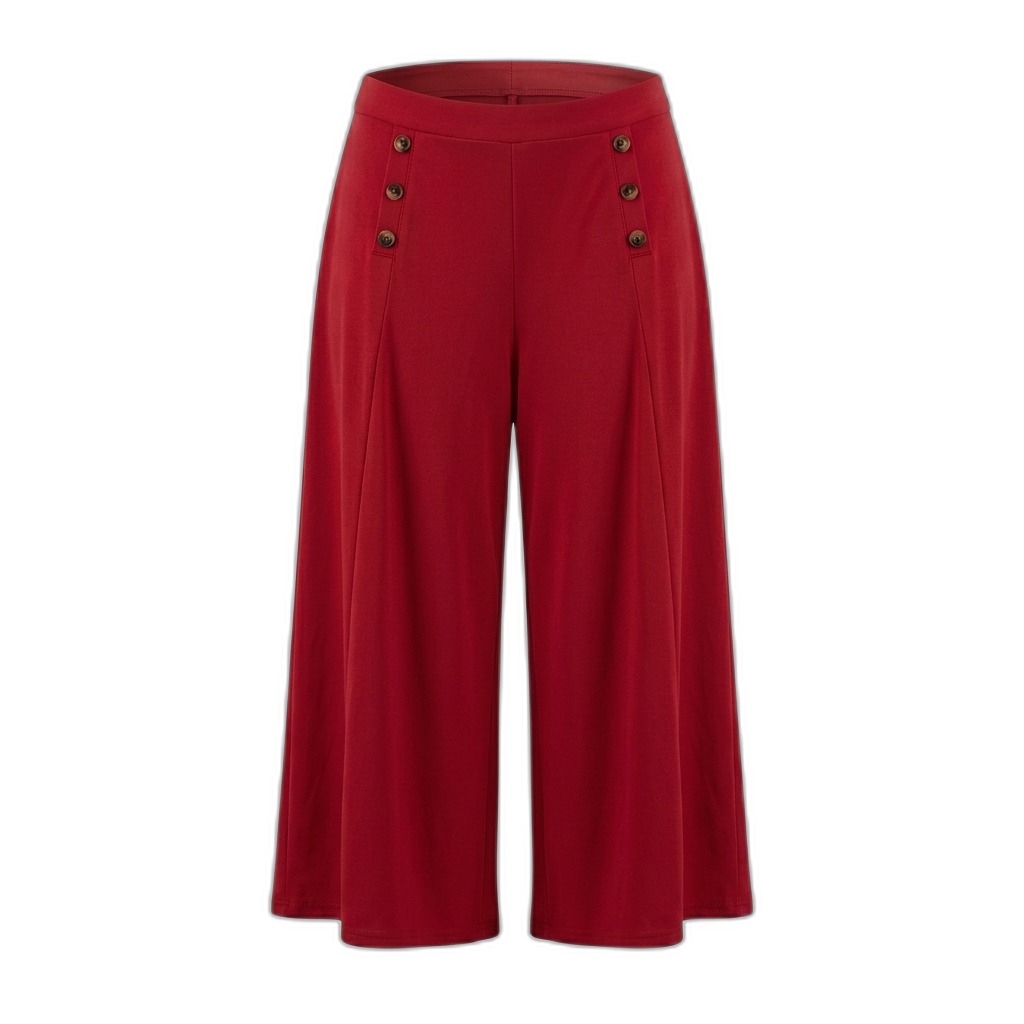 Women's Red Wide Leg Cropped Pants with Buttons