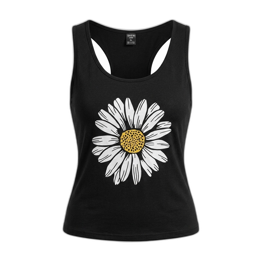 Women's Black Daisy Print Racerback Tank Top