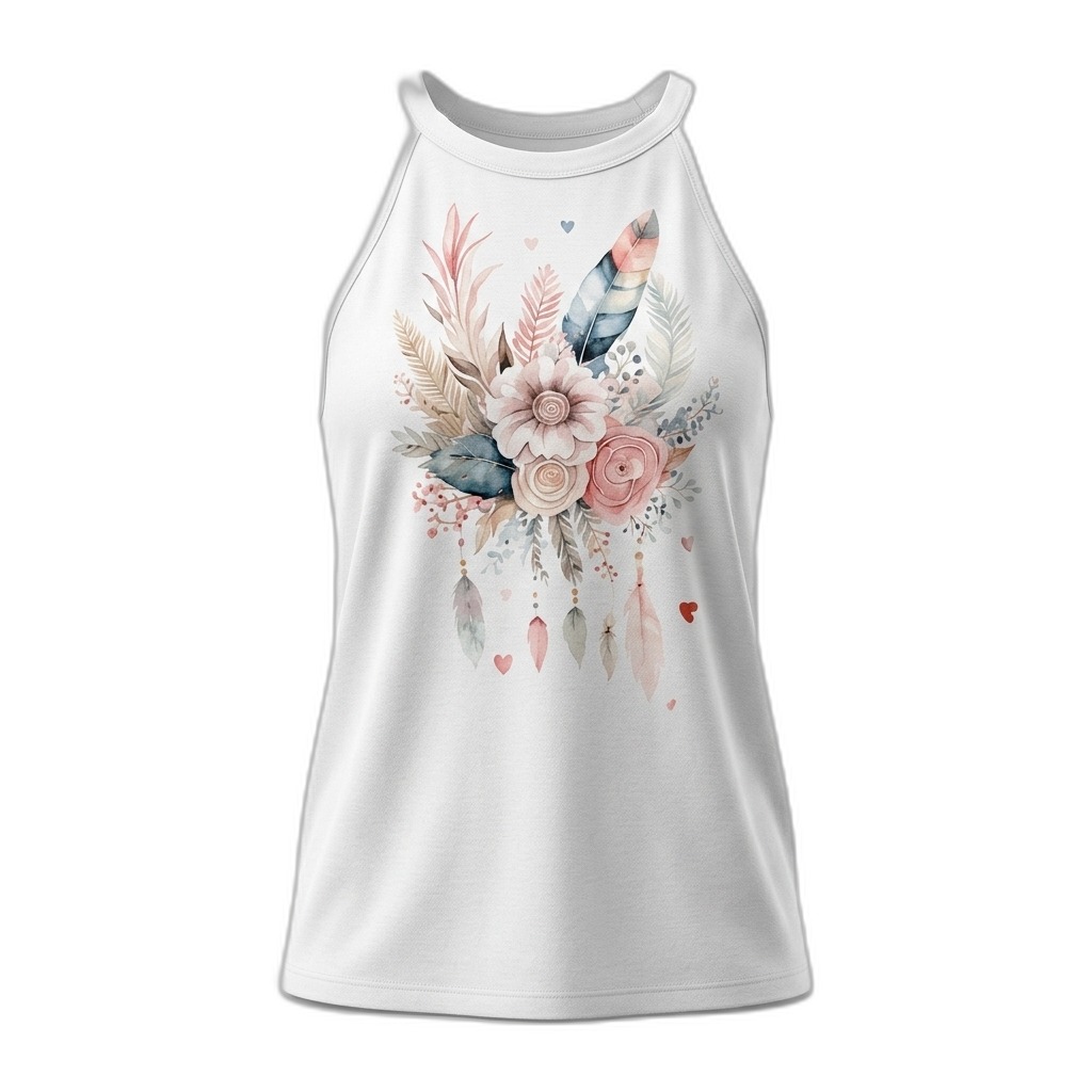 Boho Floral Feather Print Halter Neck Tank Top